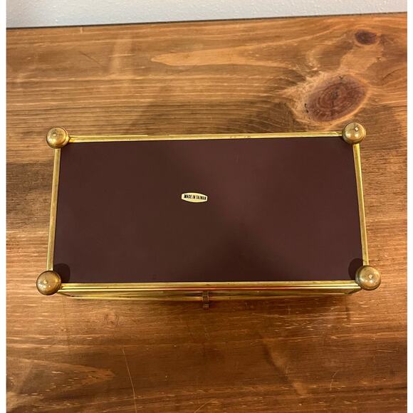 Vintage Stained Glass Jewelry Trinket Box Pink Rose Floral Brass - Picture 9 of 11